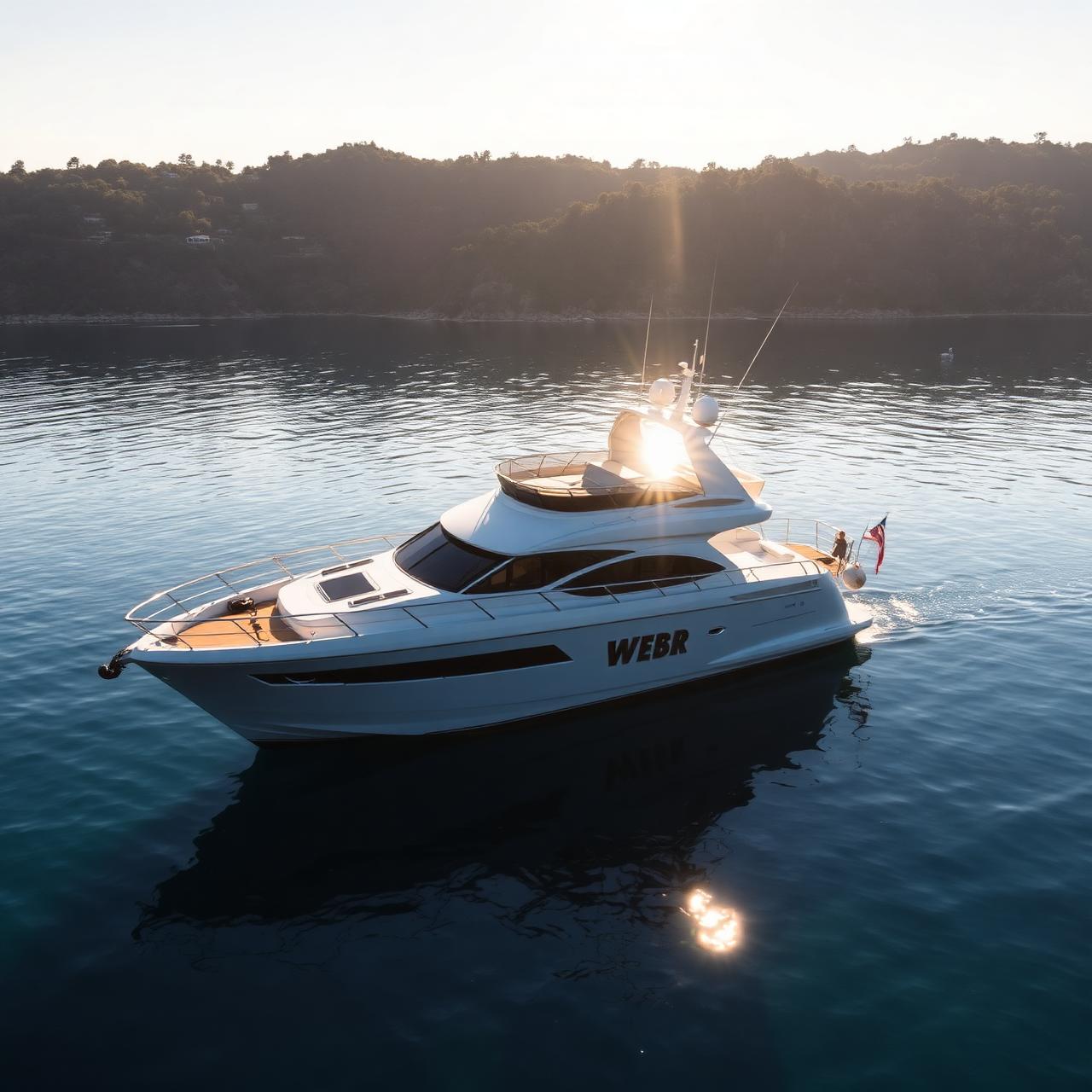 Luxury yacht with mirror-finish hull glinting on calm water