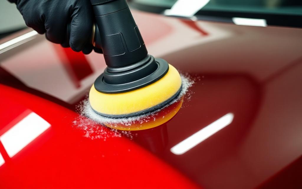 Detailer machine polishing a glossy red car hood